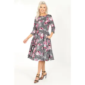 Grey Pink Floral Print 50 3/4 Sleeve Swing Tea Dress With Pockets