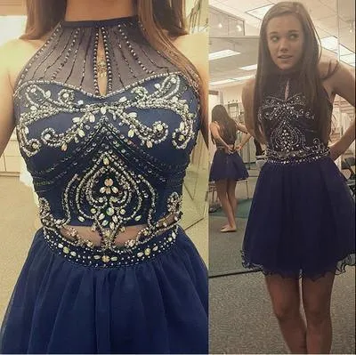 High Neck Halter Navy Blue Tulle Skirt Sleeveless Two Piece Short Prom Homecoming Dress