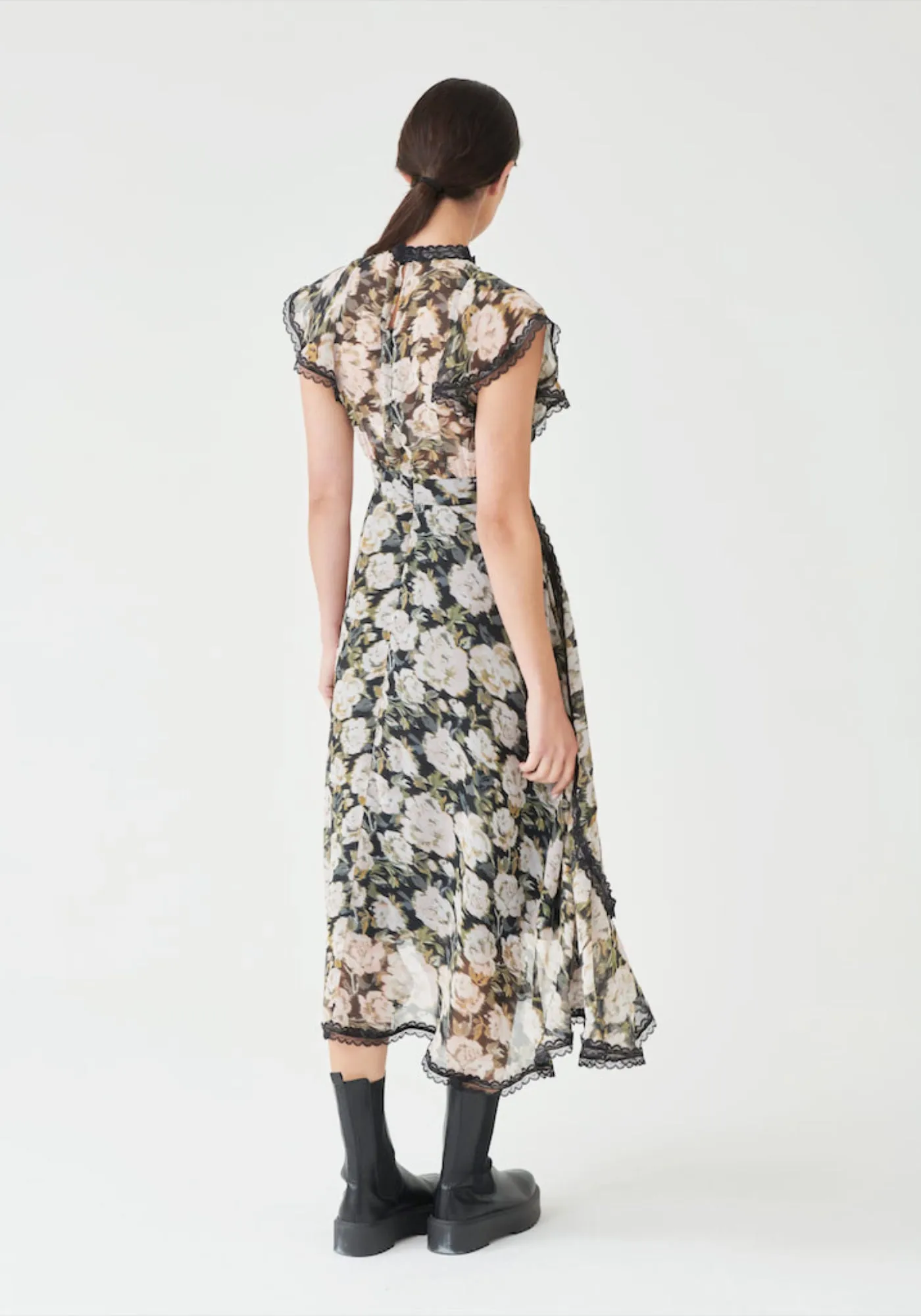 Lace Trim High Neck Midi Dress in Multi Floral