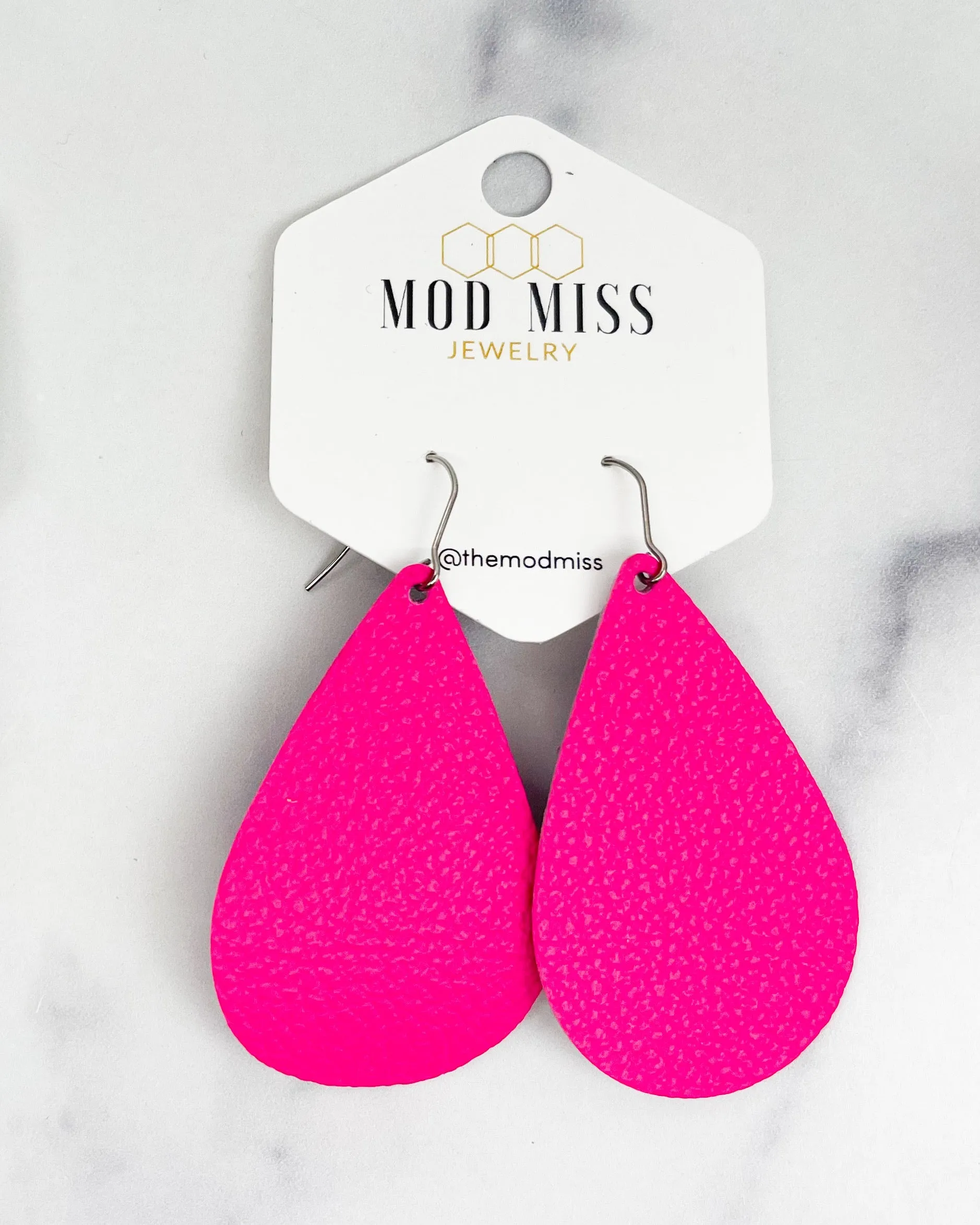 Leather Teardrop Earring Hot Pink