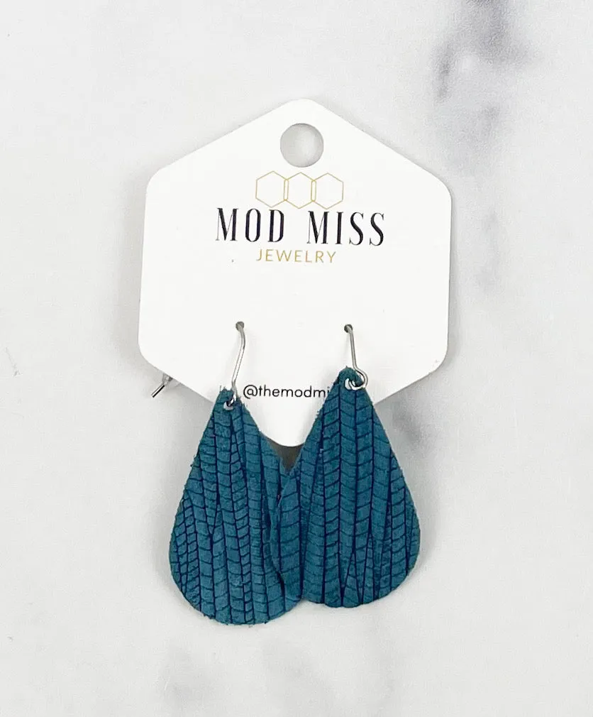 Leather Teardrop Earring Palm Blue