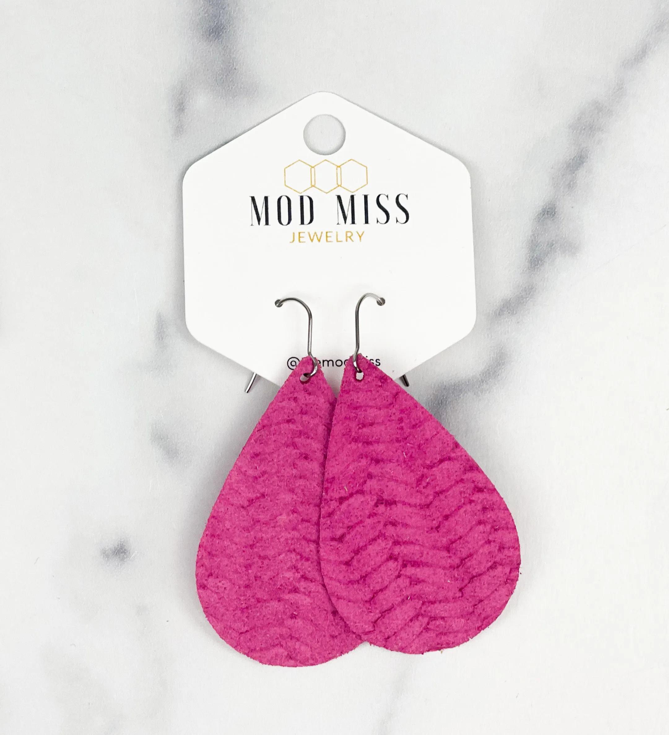 Leather Teardrop Earring Weaved Hot Pink