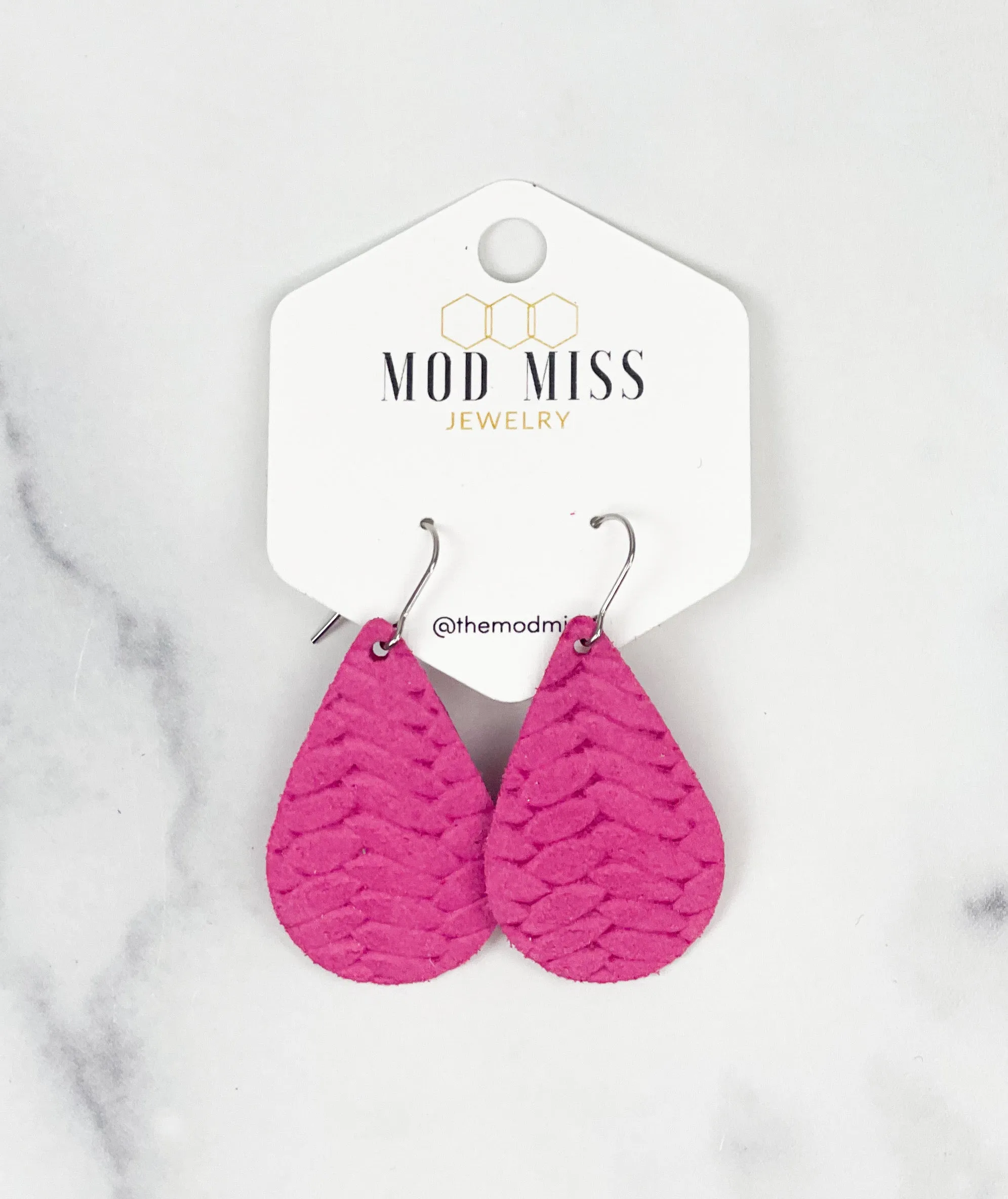 Leather Teardrop Earring Weaved Hot Pink