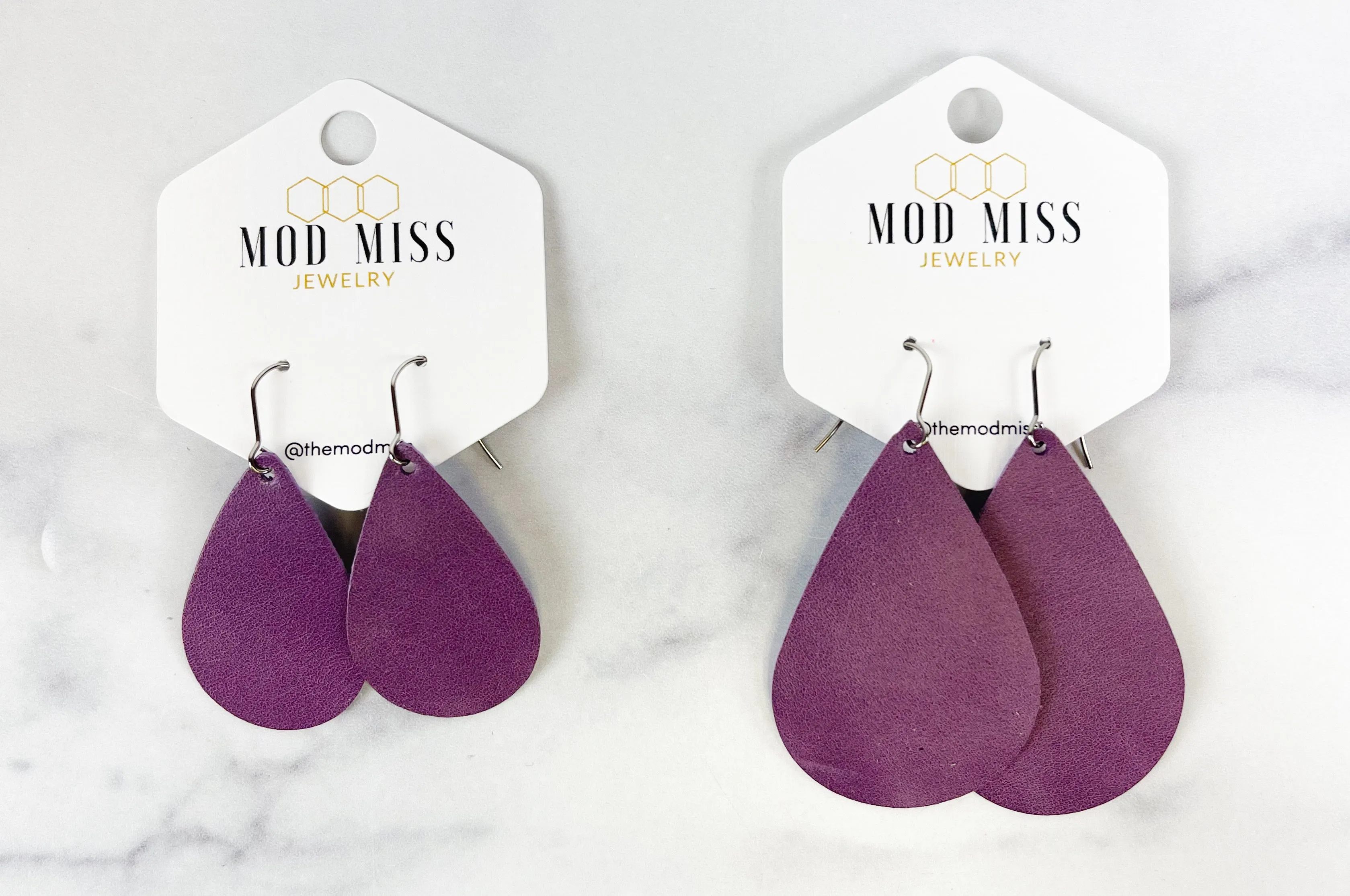 Leather Teardrop Earring Worn Lavender