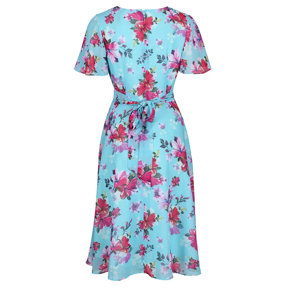 Light Blue Floral Split Sleeve Retro Swing Dress