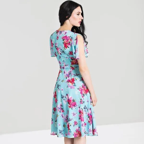 Light Blue Floral Split Sleeve Retro Swing Dress