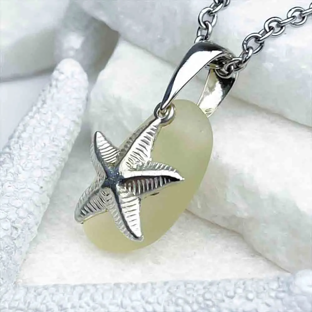 Light Yellow Sea Glass Pendant with Sterling Silver Large Starfish Charm | 5270