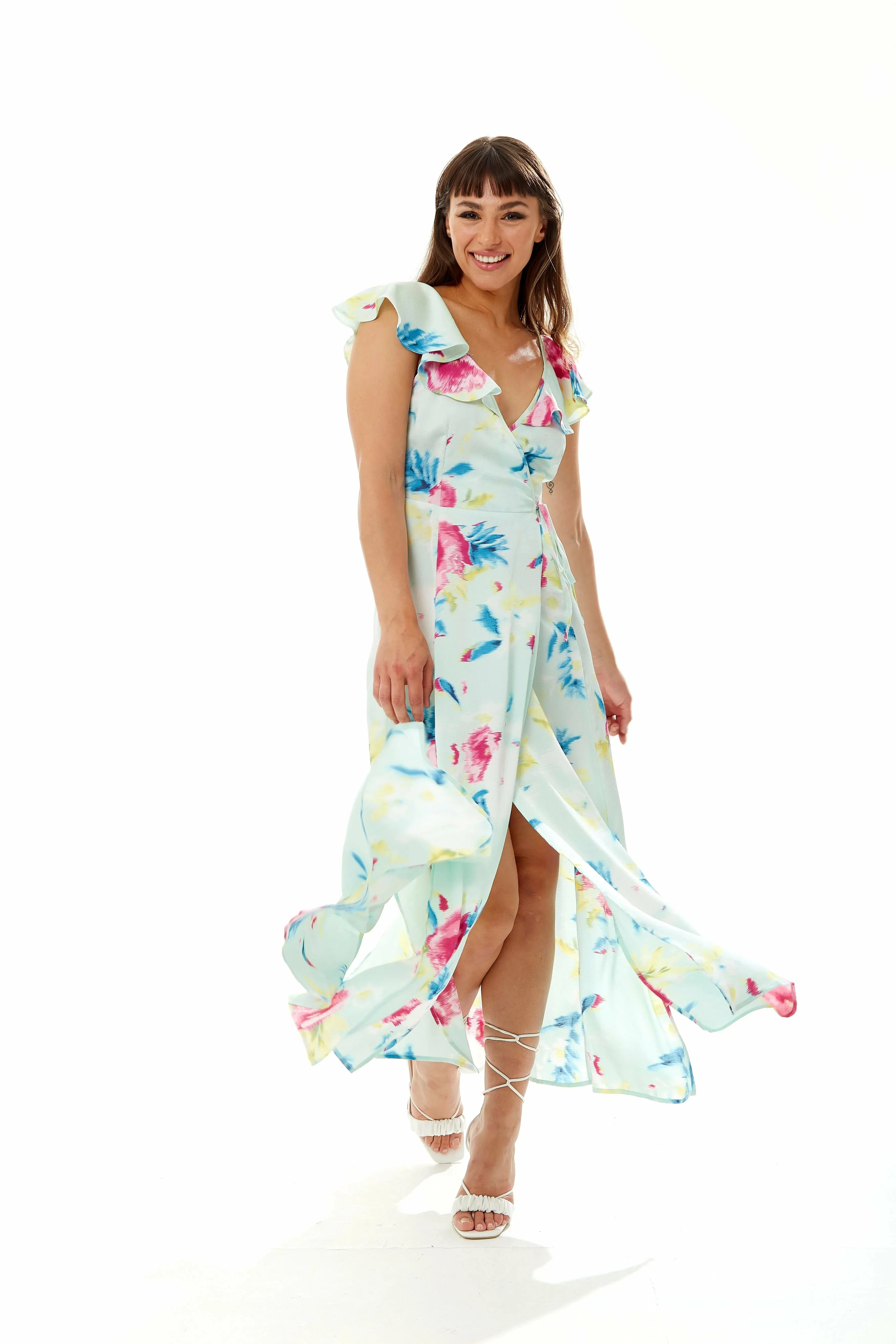 Liquorish Maxi Floral Print Wrap Dress In Mint Green