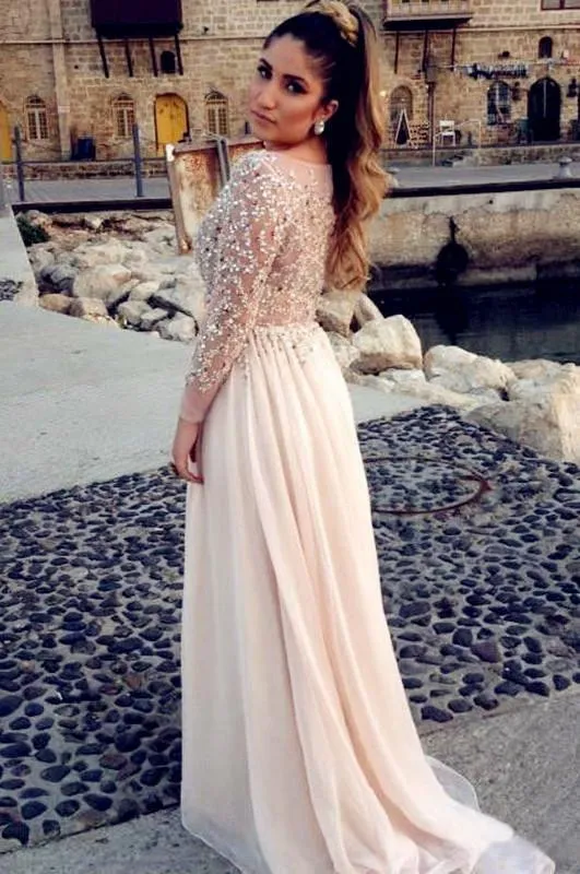 Long Sleeve Fashion Chiffon Long Scoop Pink A-Line Beads Custom Sexy Prom Dresses