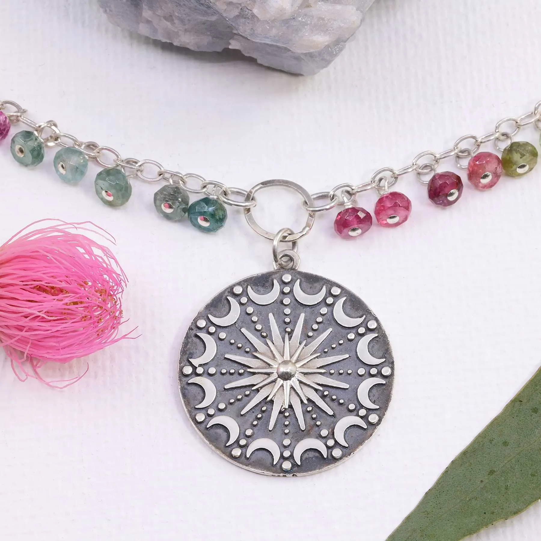 Lunar Compass - Sterling Silver Tourmaline Compass Pendant Necklace