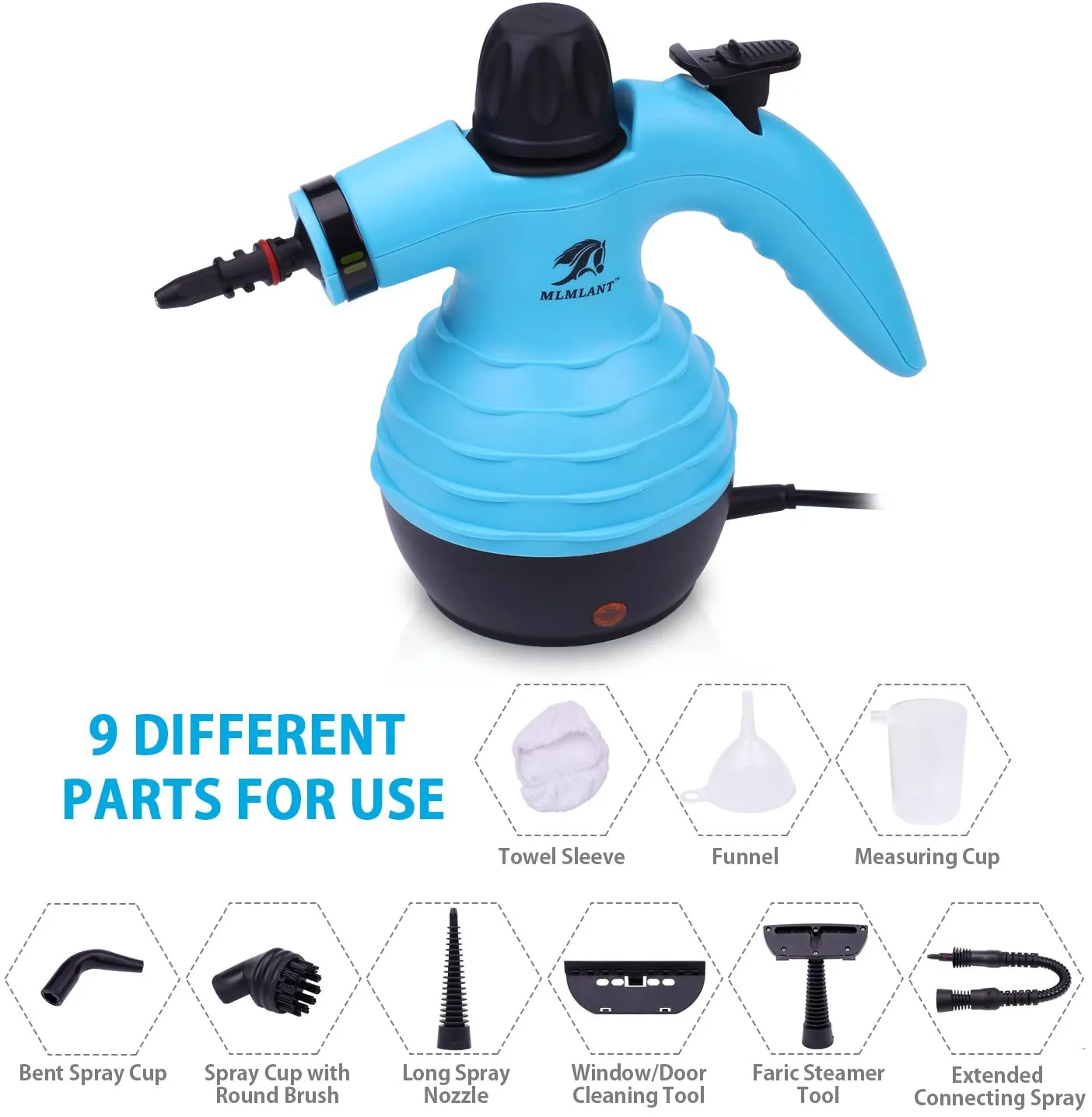 MLMLANT Multipurpose Handheld Steam Cleaner, 1050W Portable Steamer with 9-Piece Accessory Set, Pressurized Steam Cleaning Machine with Safety Lock, for Kitchen Bathroom Windows Auto Floors Sofa Carpet Upholstery, More (Blue)