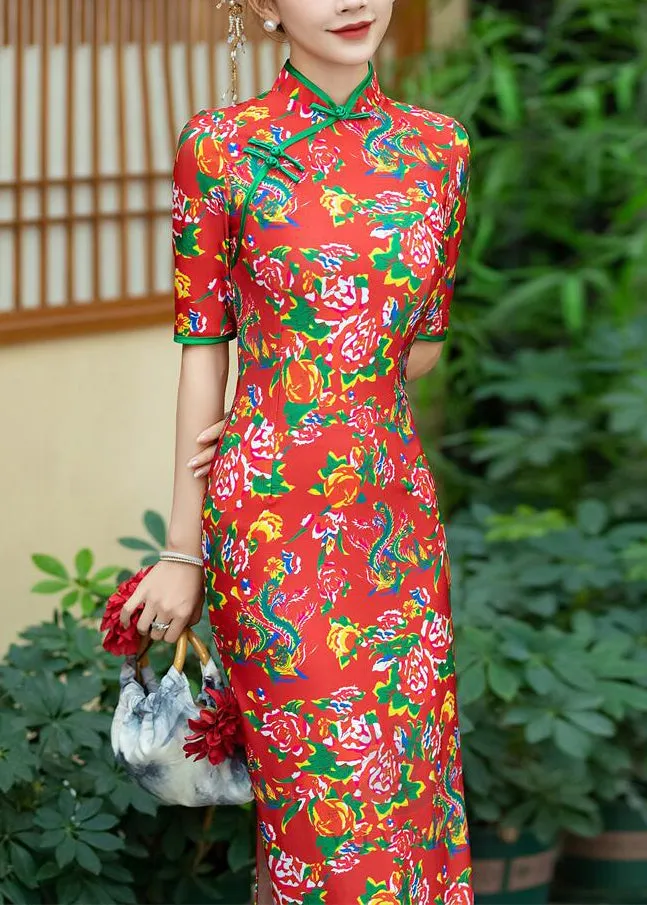 New Red Button Print Cotton Long Dresses Summer QA1006