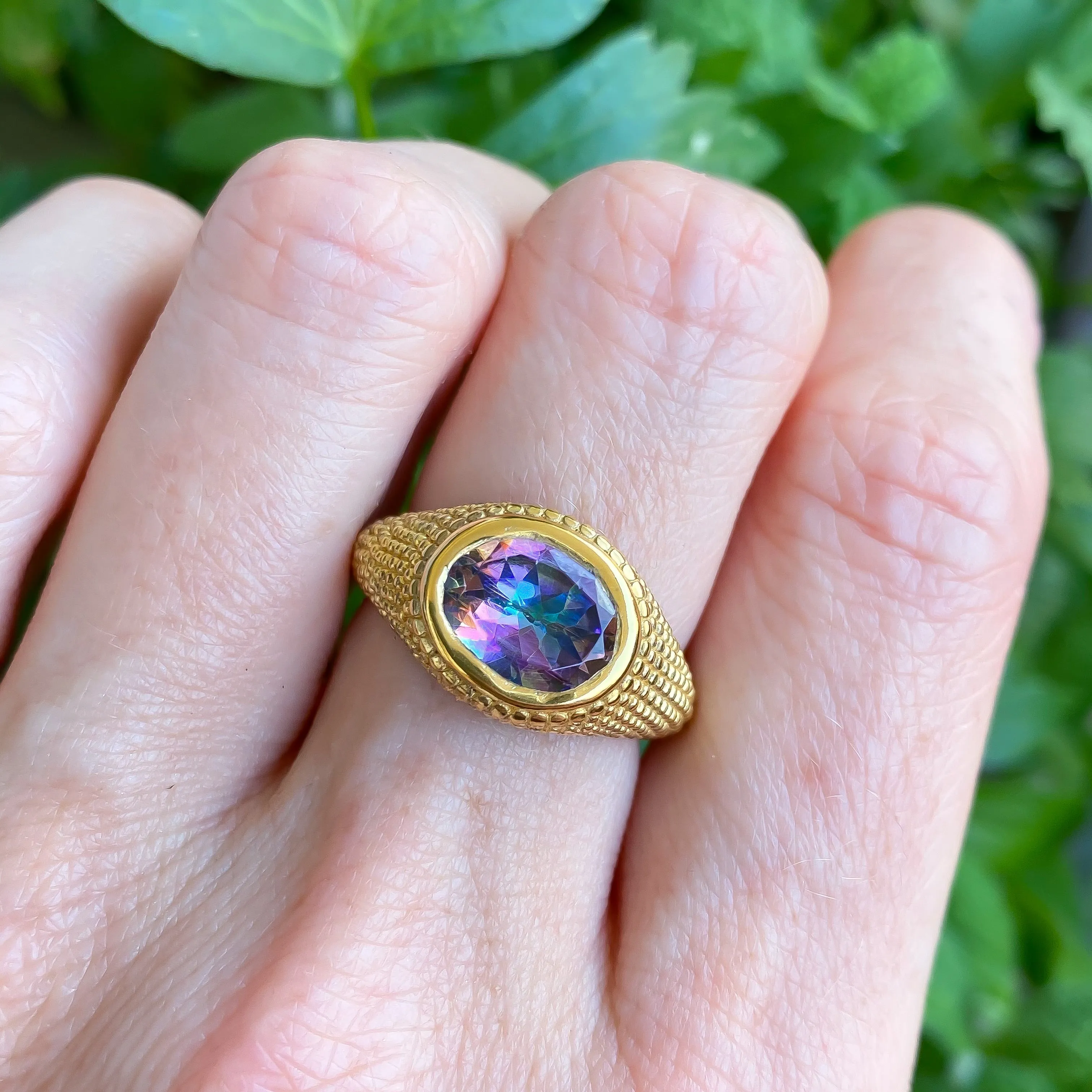 Nubia Oval Purple Mystic Topaz Yellow Gold Ring Size 7US