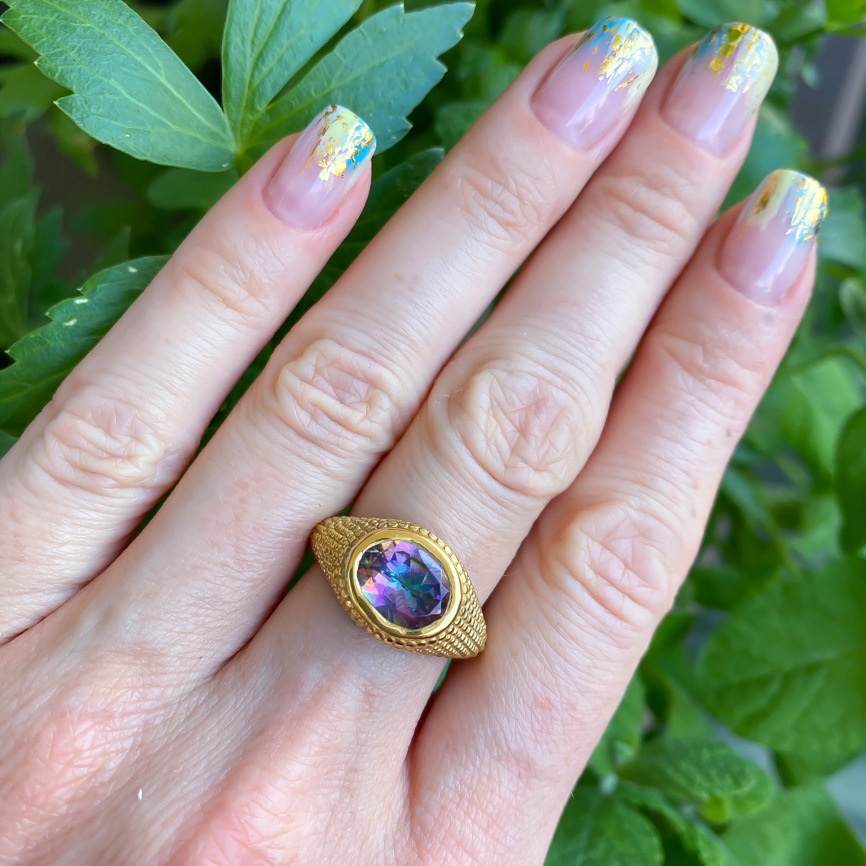 Nubia Oval Purple Mystic Topaz Yellow Gold Ring Size 7US