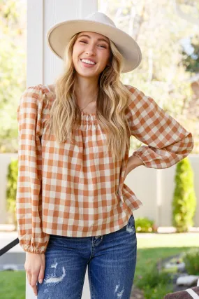 One Fine Afternoon Gingham Plaid Top In Caramel