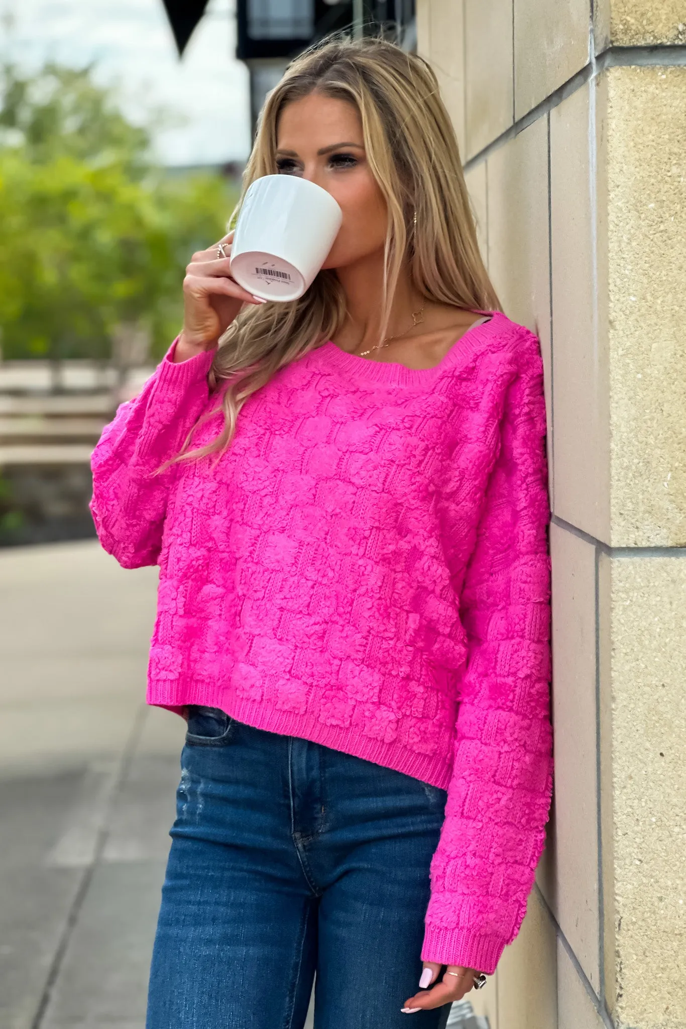 Pass The Bubbly Loose Weave Textured Sweater : Bubblegum