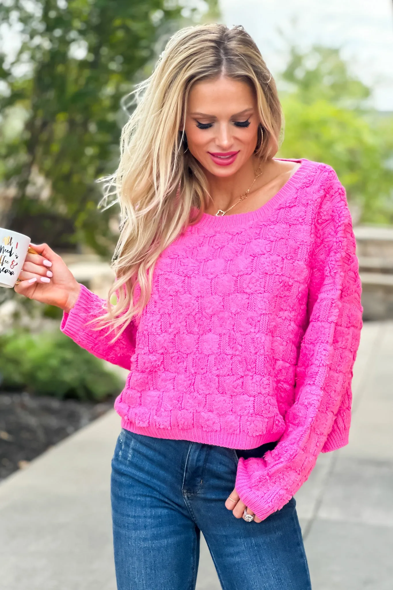 Pass The Bubbly Loose Weave Textured Sweater : Bubblegum