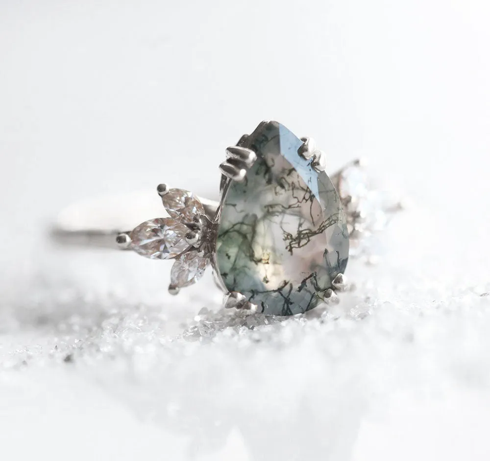 Pear Moss Agate Ring With Side Diamonds