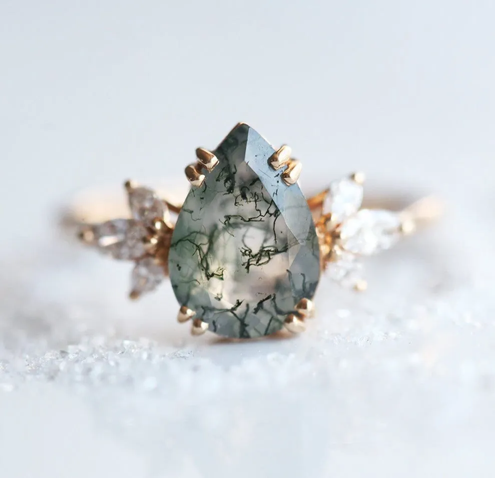 Pear Moss Agate Ring With Side Diamonds