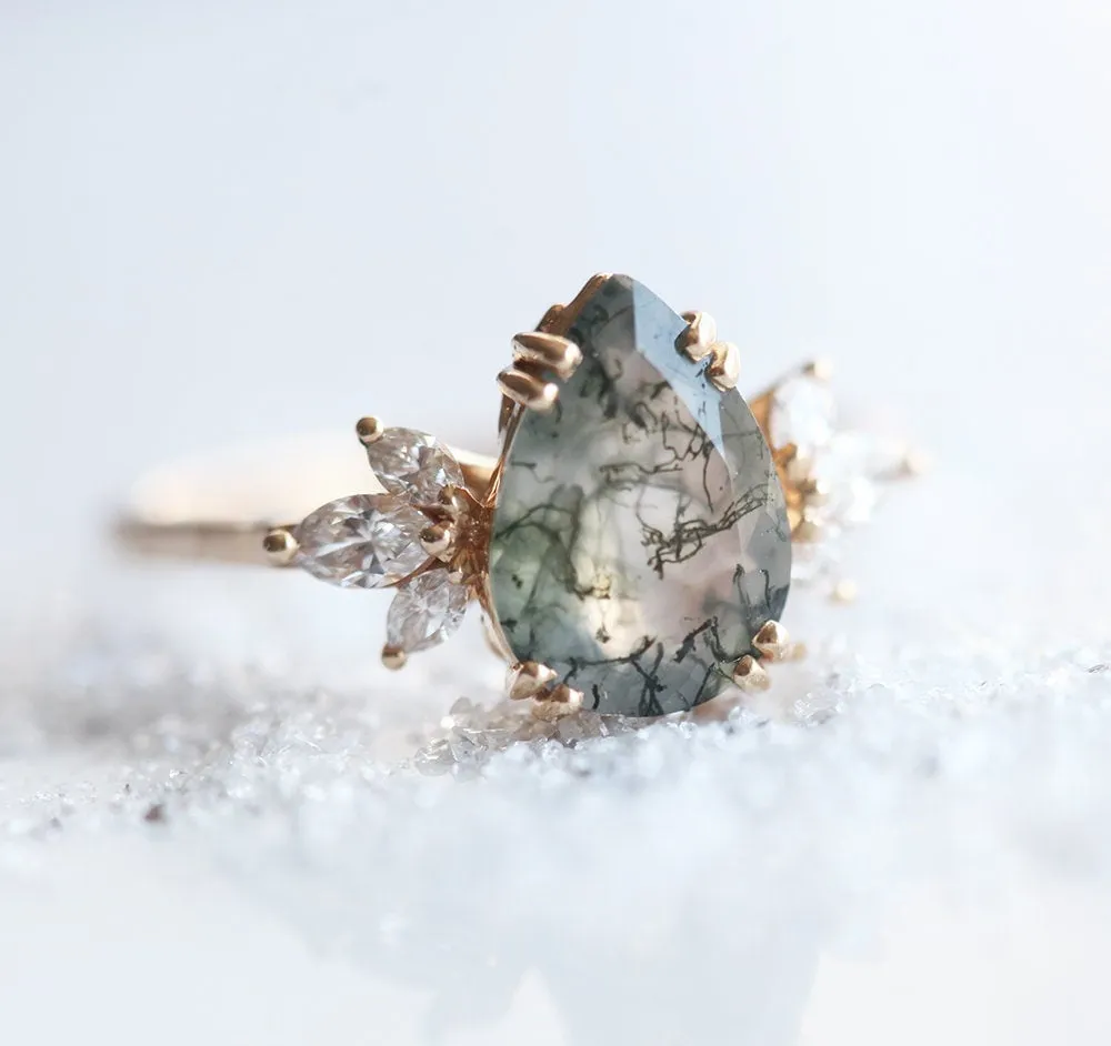 Pear Moss Agate Ring With Side Diamonds