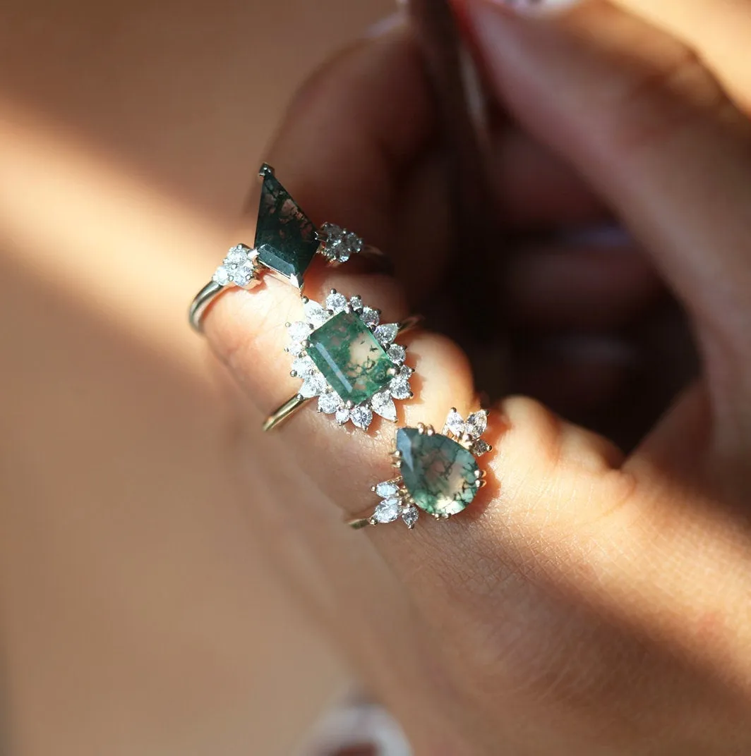 Pear Moss Agate Ring With Side Diamonds