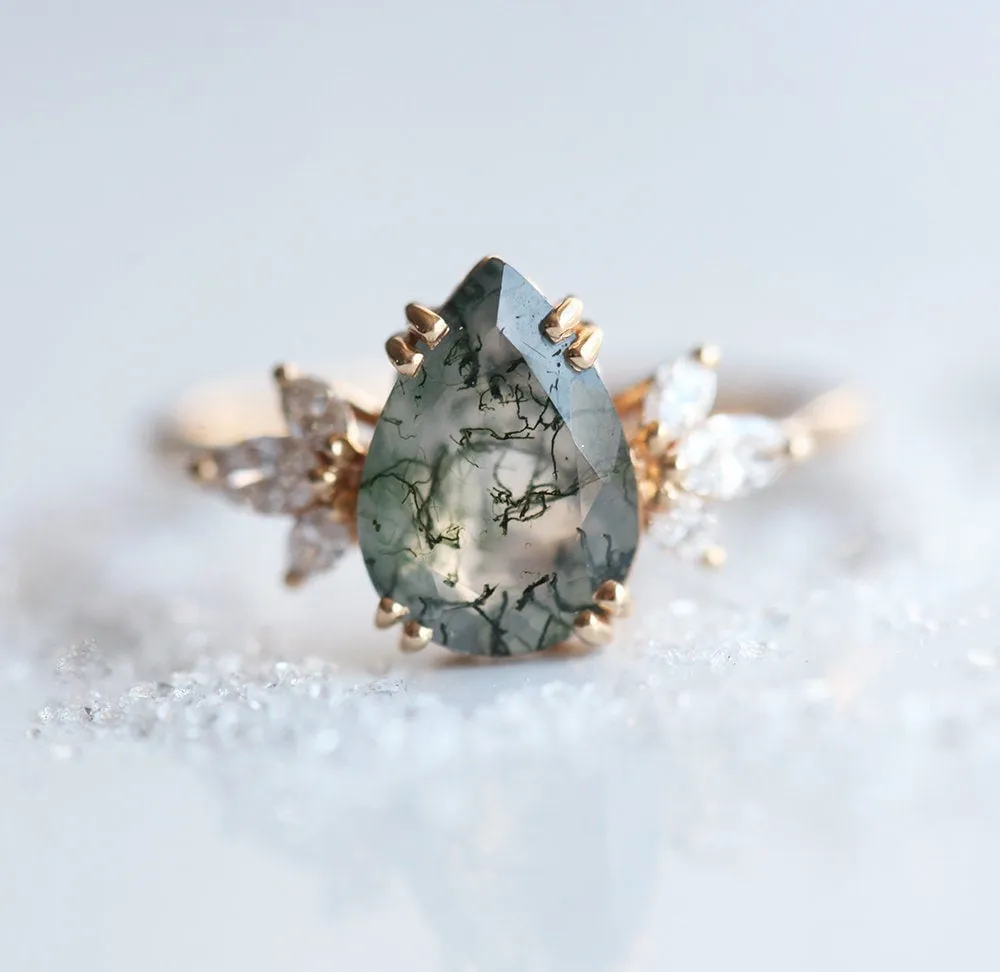 Pear Moss Agate Ring With Side Diamonds