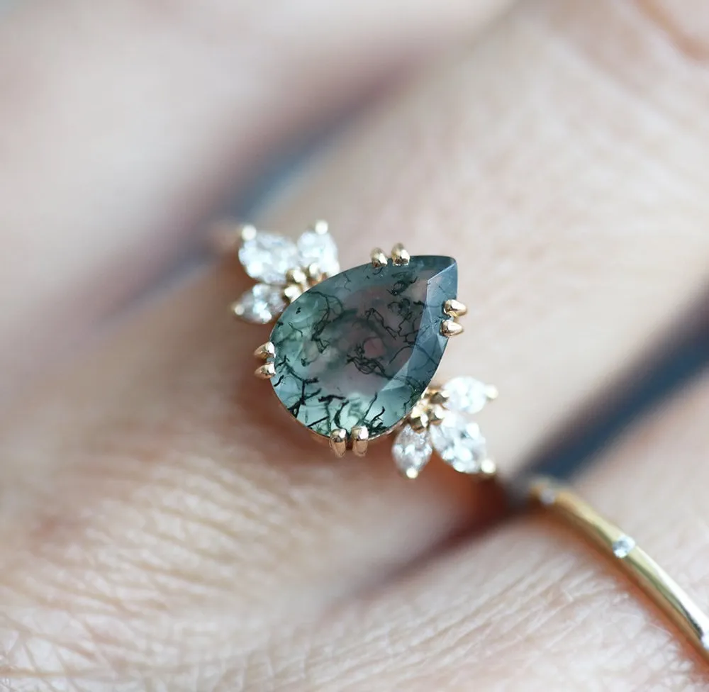 Pear Moss Agate Ring With Side Diamonds