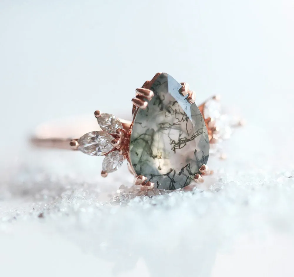 Pear Moss Agate Ring With Side Diamonds