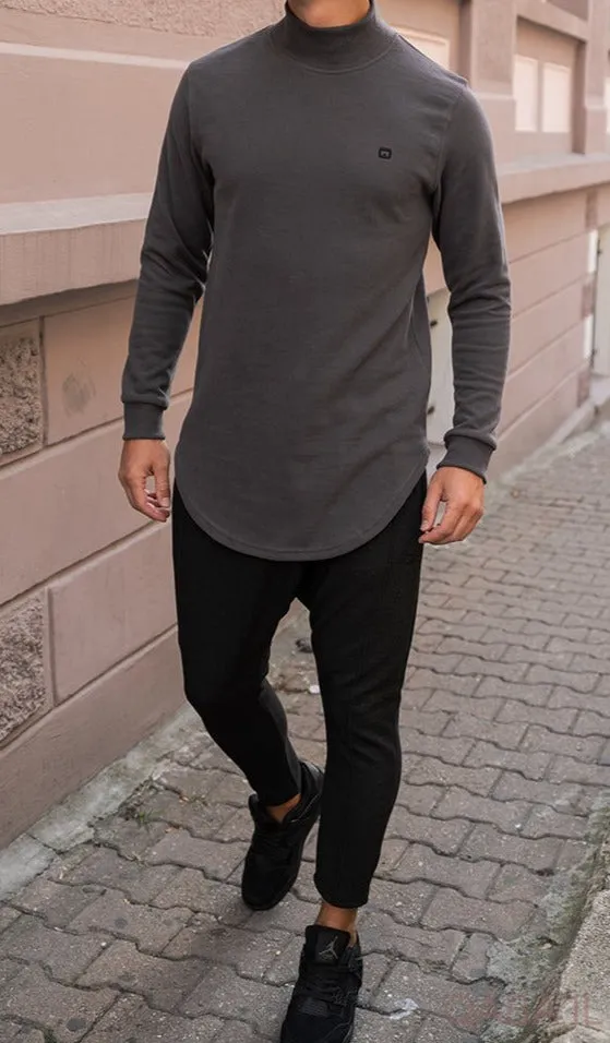 QL Longline High Collar Sweatshirt in Dark Grey