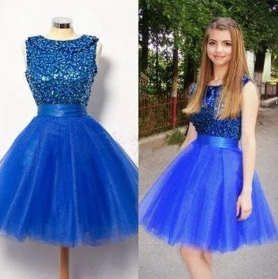 Royal Blue Short Tulle Sleeveless Prom Dress A-line Prom Dresses prom dress for girls