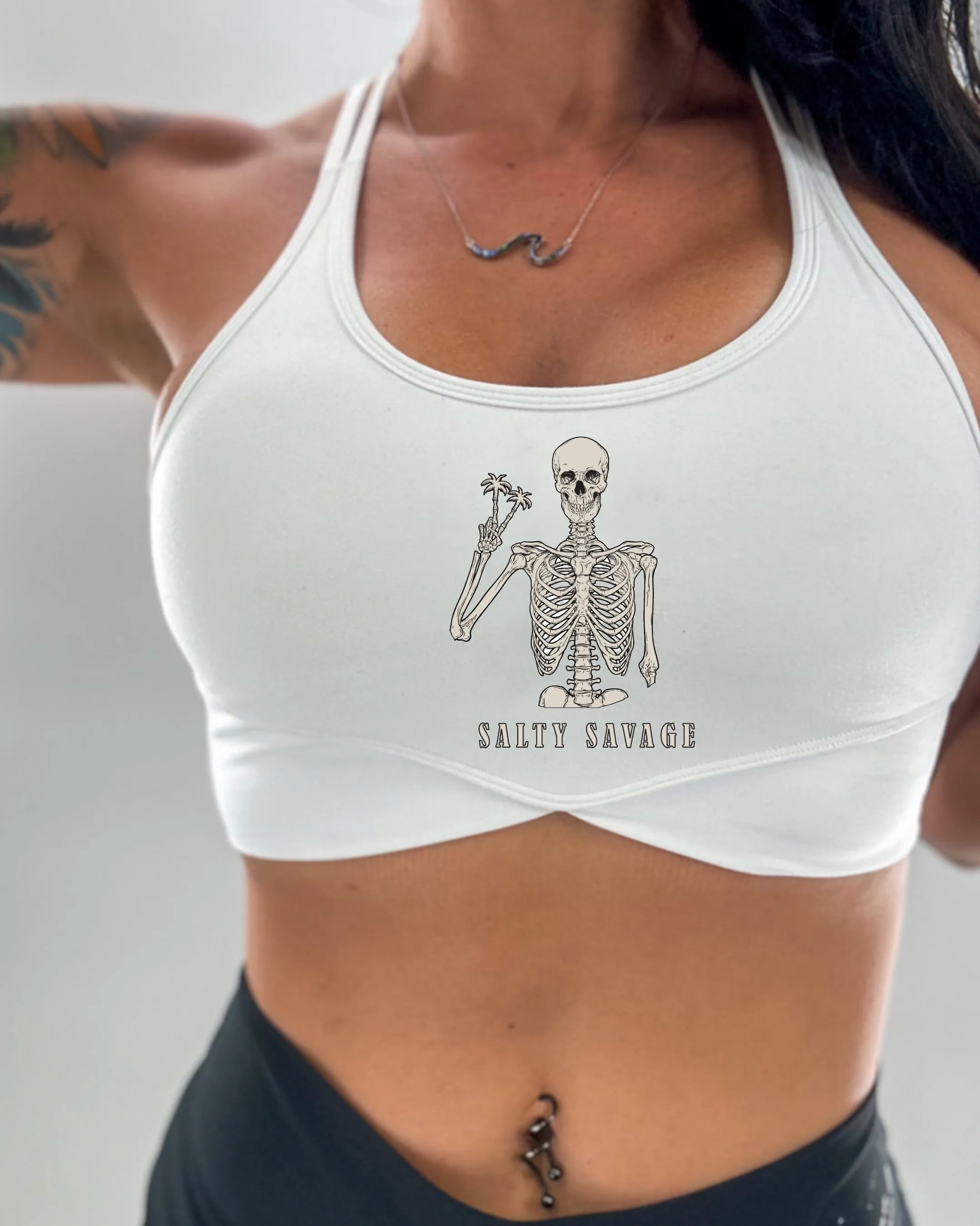 Salty Savage Ladies "Peace Skeleton” V Cut Sports Bra