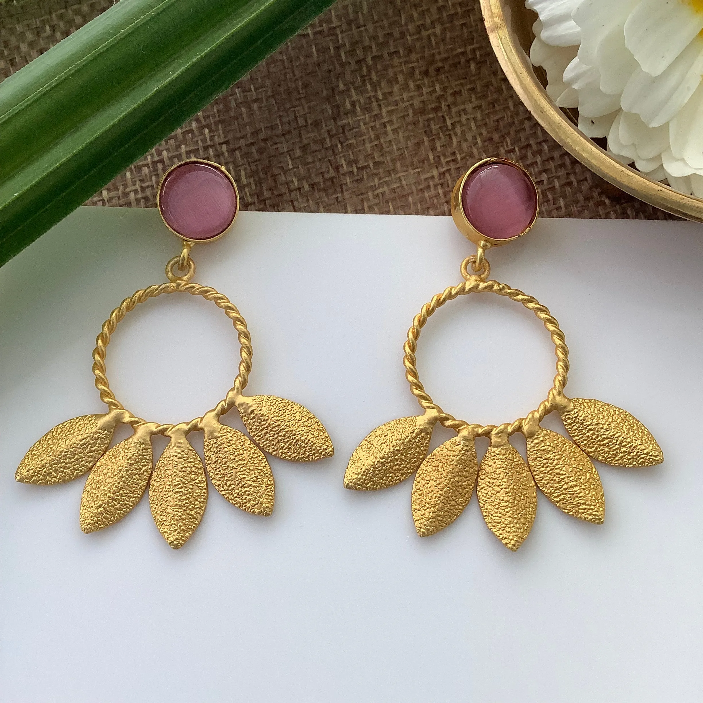 Salvanity Gold Brass Fashion Jewellery - Autumn Flower Earrings - Monalisa Pink