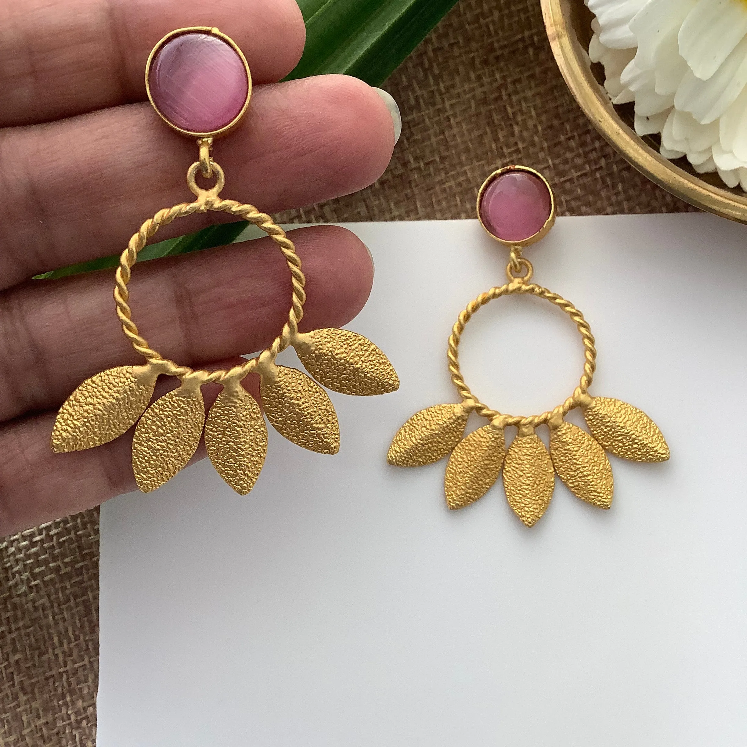 Salvanity Gold Brass Fashion Jewellery - Autumn Flower Earrings - Monalisa Pink