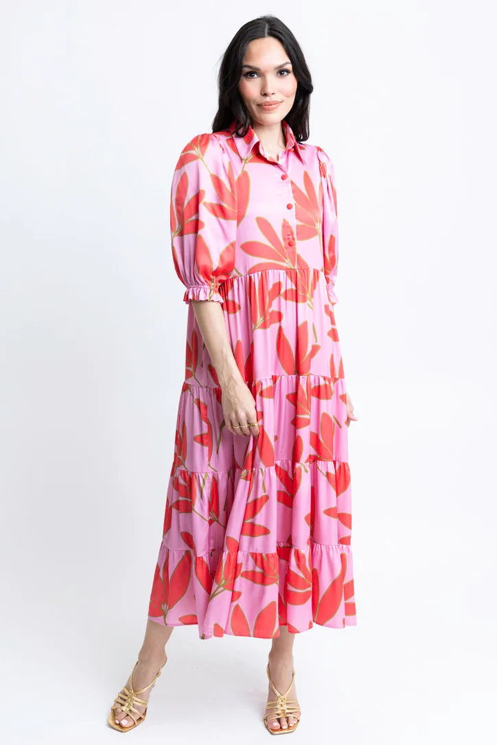 Satin Palm Tier Maxi Dress