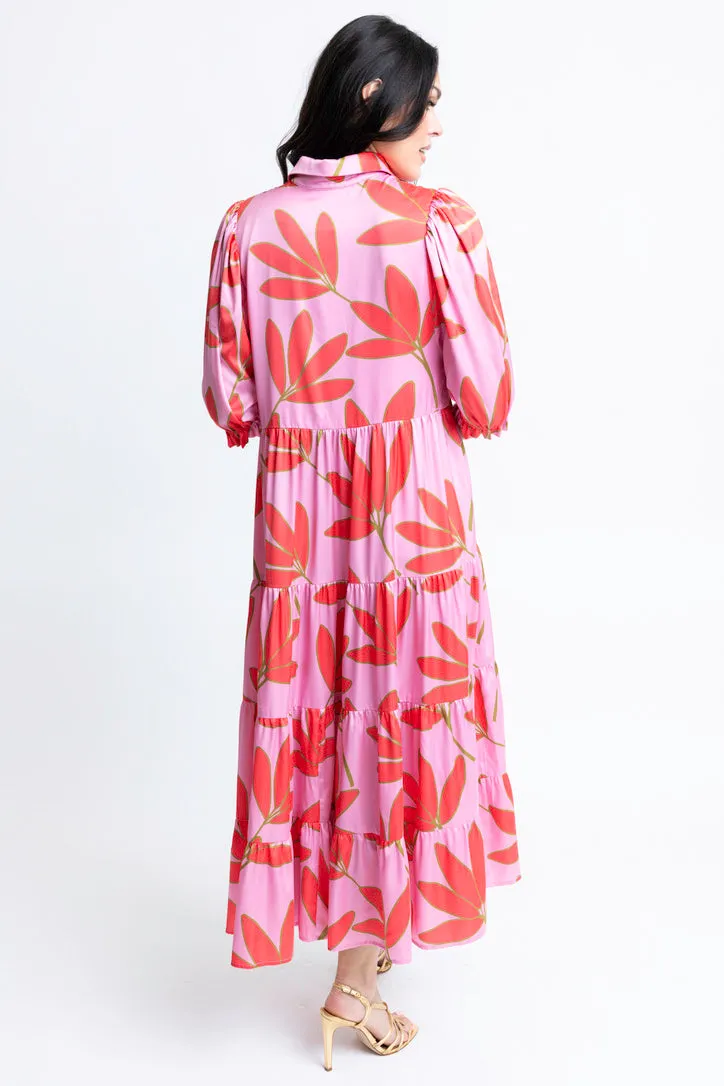 Satin Palm Tier Maxi Dress