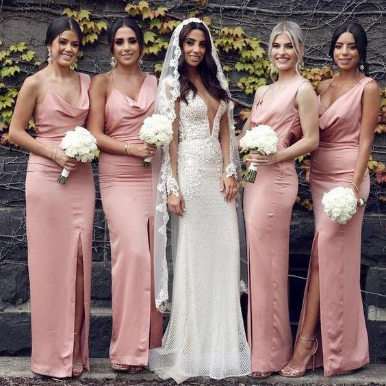 Sexy Mermaid Slit Backless Bridesmaid Dress Long Spaghetti Straps Bridesmaid Dress