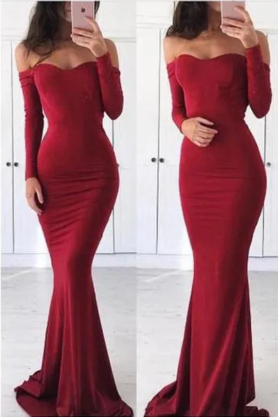 Sexy Off the Shoulder Long Sleeve Sweetheart Red Prom Dresses, Graduation STK15668