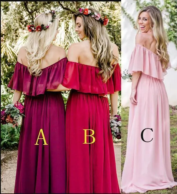 Simple A line Chiffon Red Off the Shoulder Flowy Bridesmaid Dresses Prom Dresses