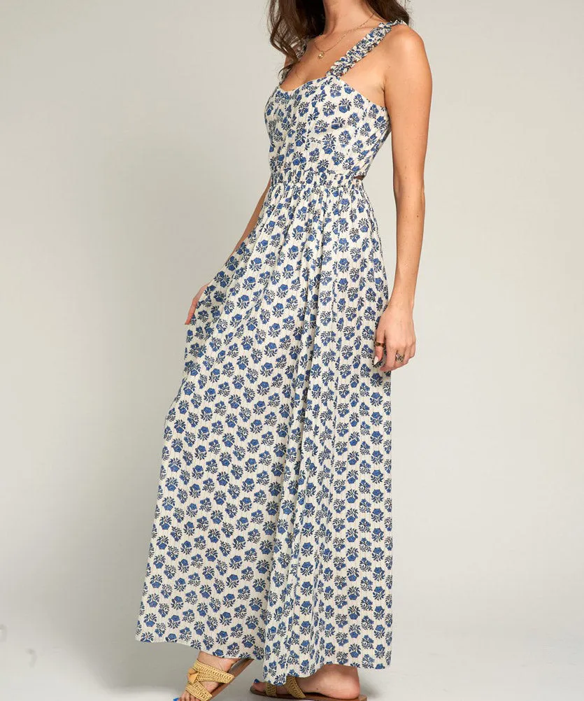 Sleeveless Maxi Dress with Open Back Detail - Blue/Ivory