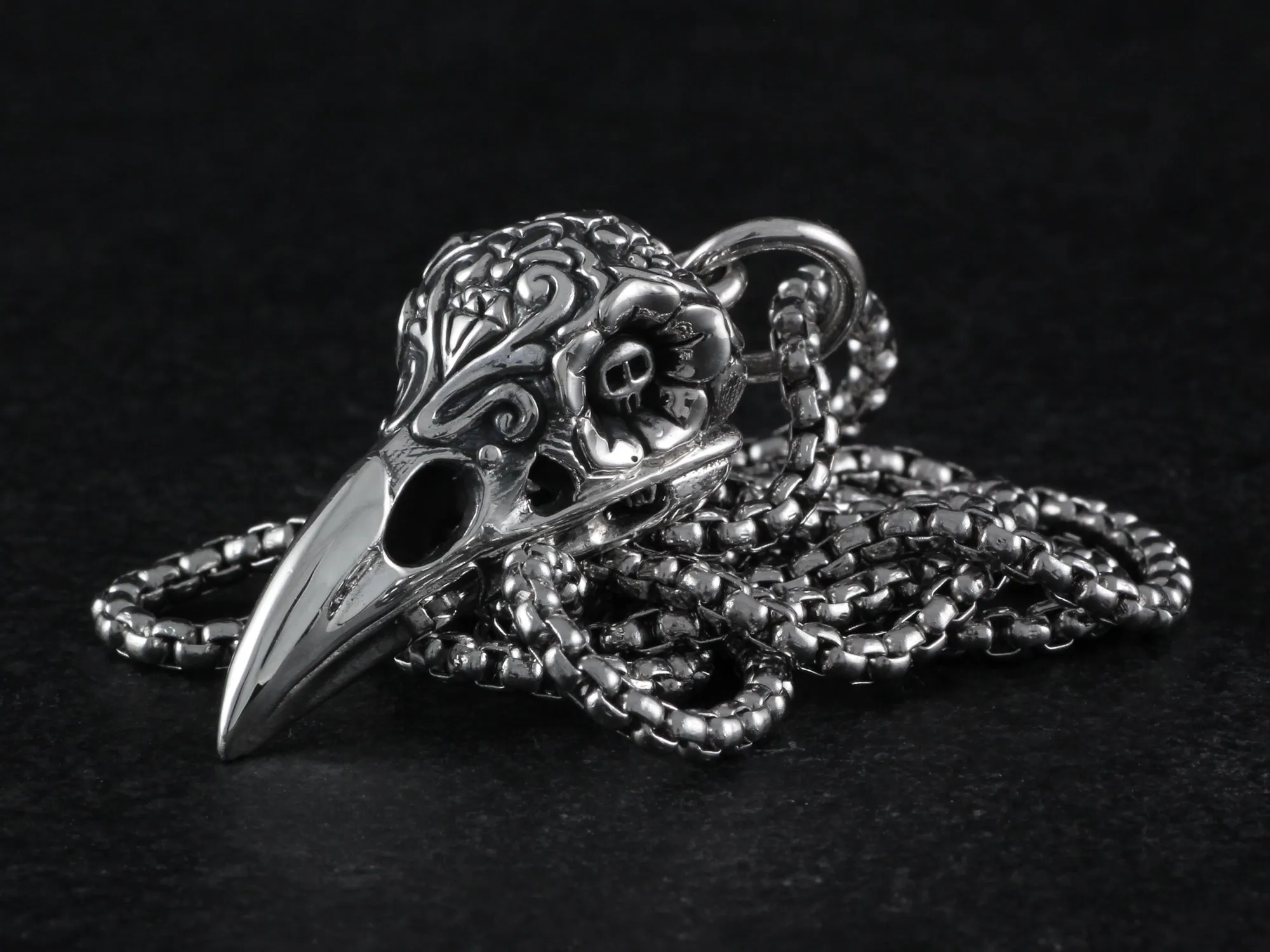 Sterling Silver Day of the Dead Raven Skull Necklace