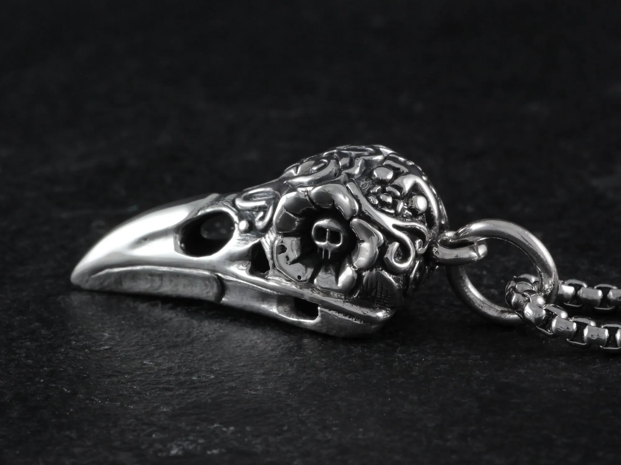 Sterling Silver Day of the Dead Raven Skull Necklace