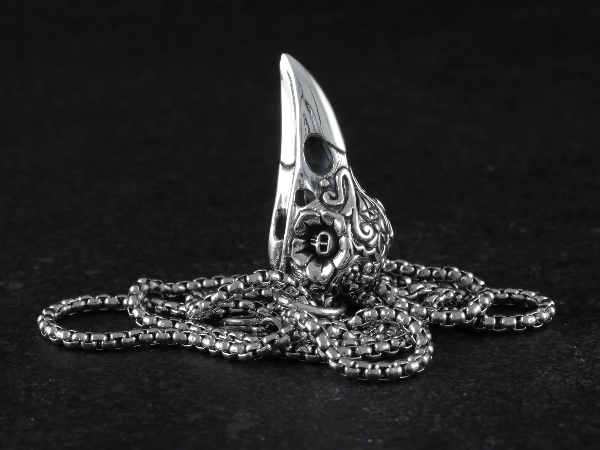 Sterling Silver Day of the Dead Raven Skull Necklace