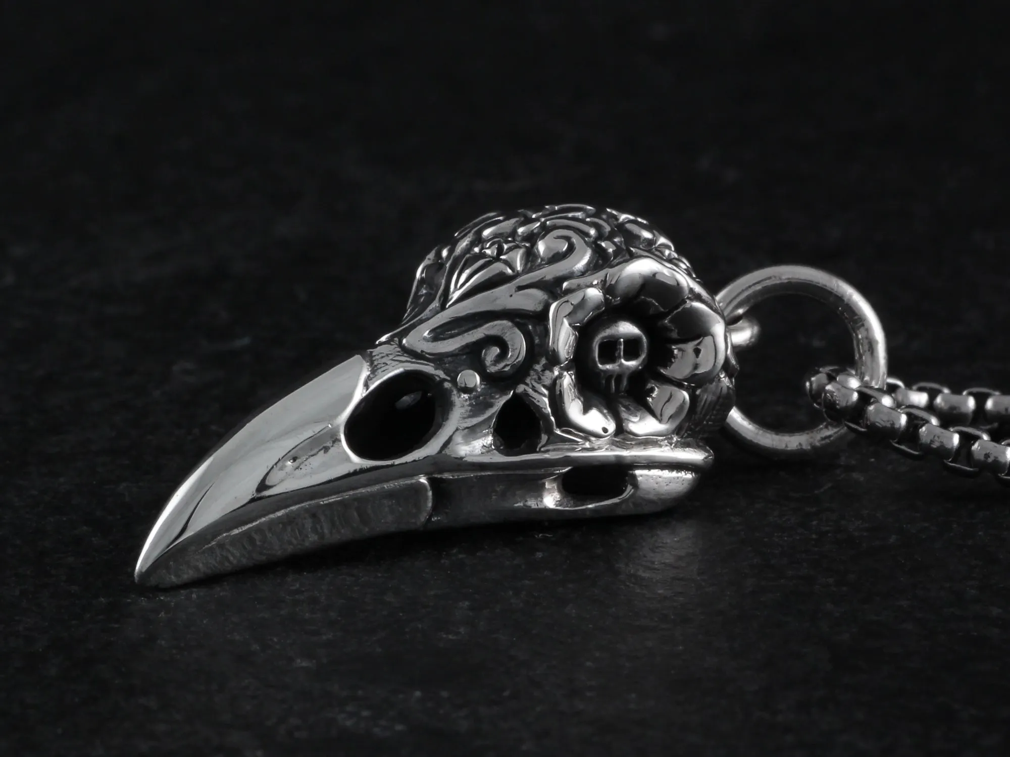 Sterling Silver Day of the Dead Raven Skull Necklace