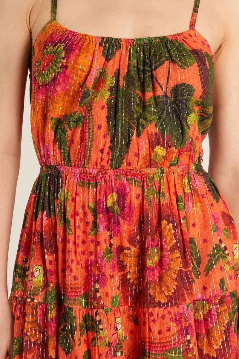 Tropical Print Mini Dress with Lurex Stripes