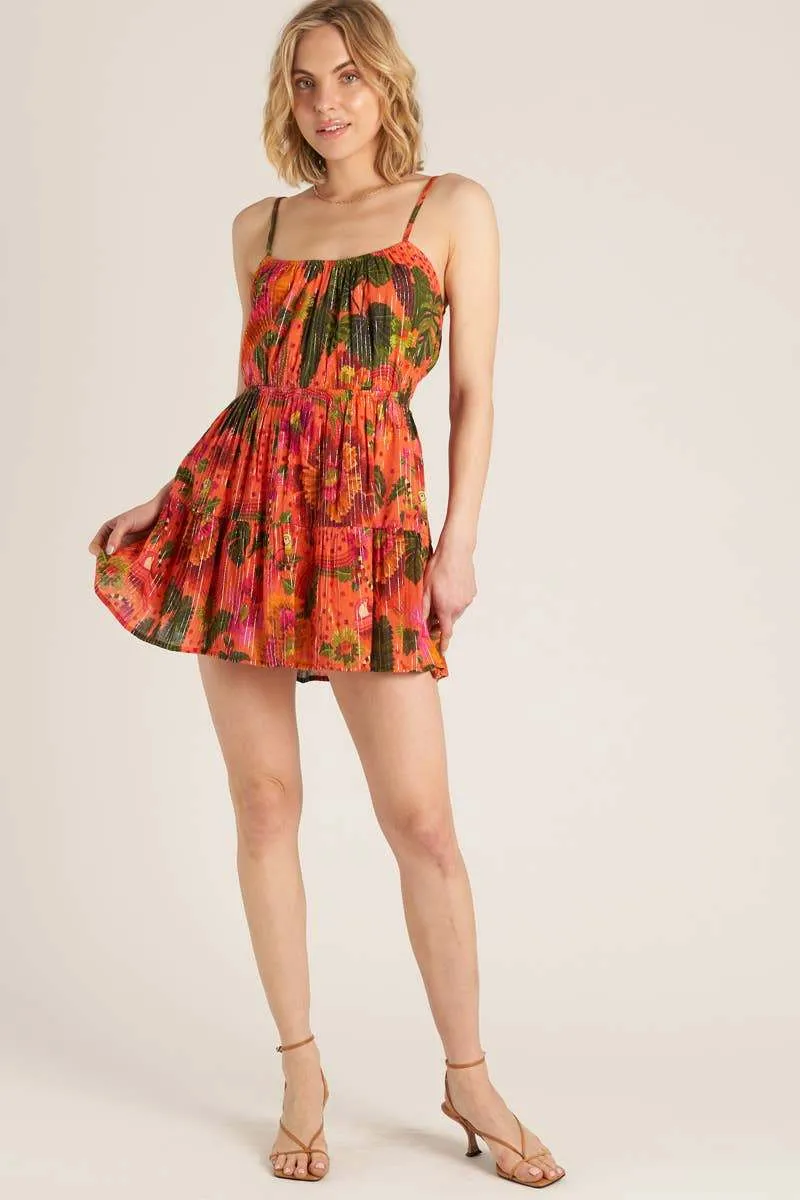 Tropical Print Mini Dress with Lurex Stripes