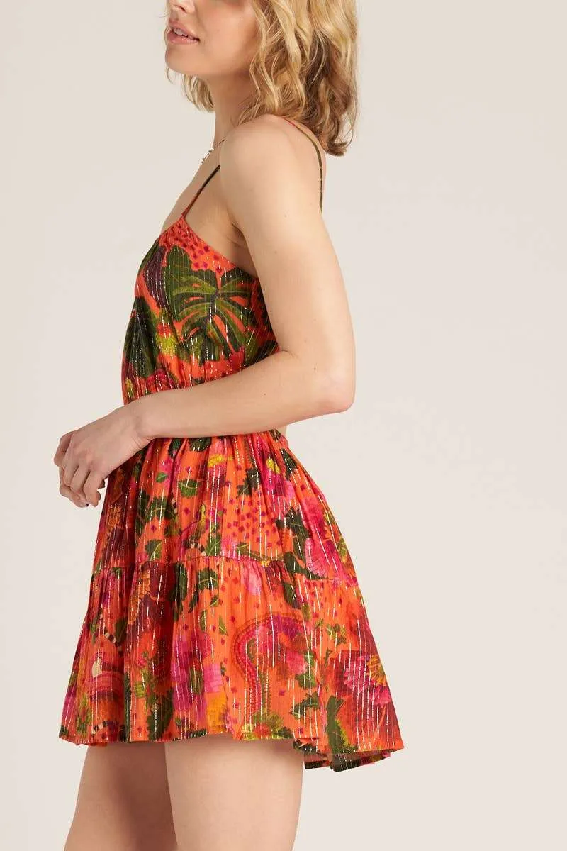 Tropical Print Mini Dress with Lurex Stripes