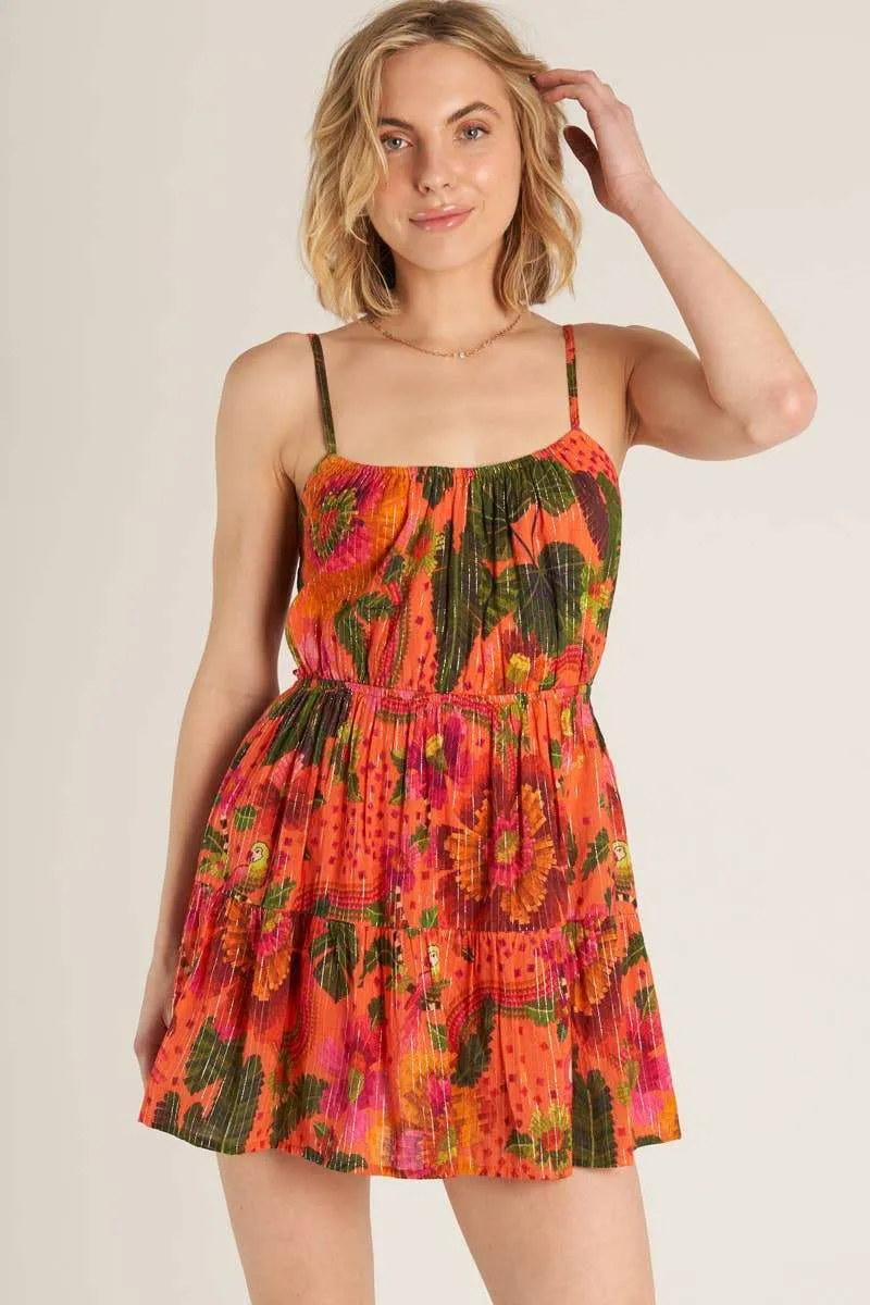 Tropical Print Mini Dress with Lurex Stripes