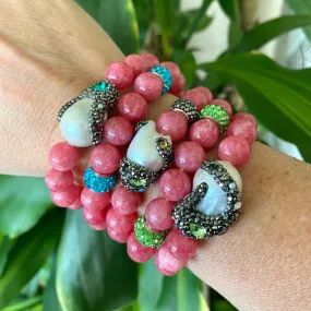 Vibrant & Colorful Jade Bracelet & Sparkly Rhinestones Pave Baroque Pearl Stretchy Bracelets