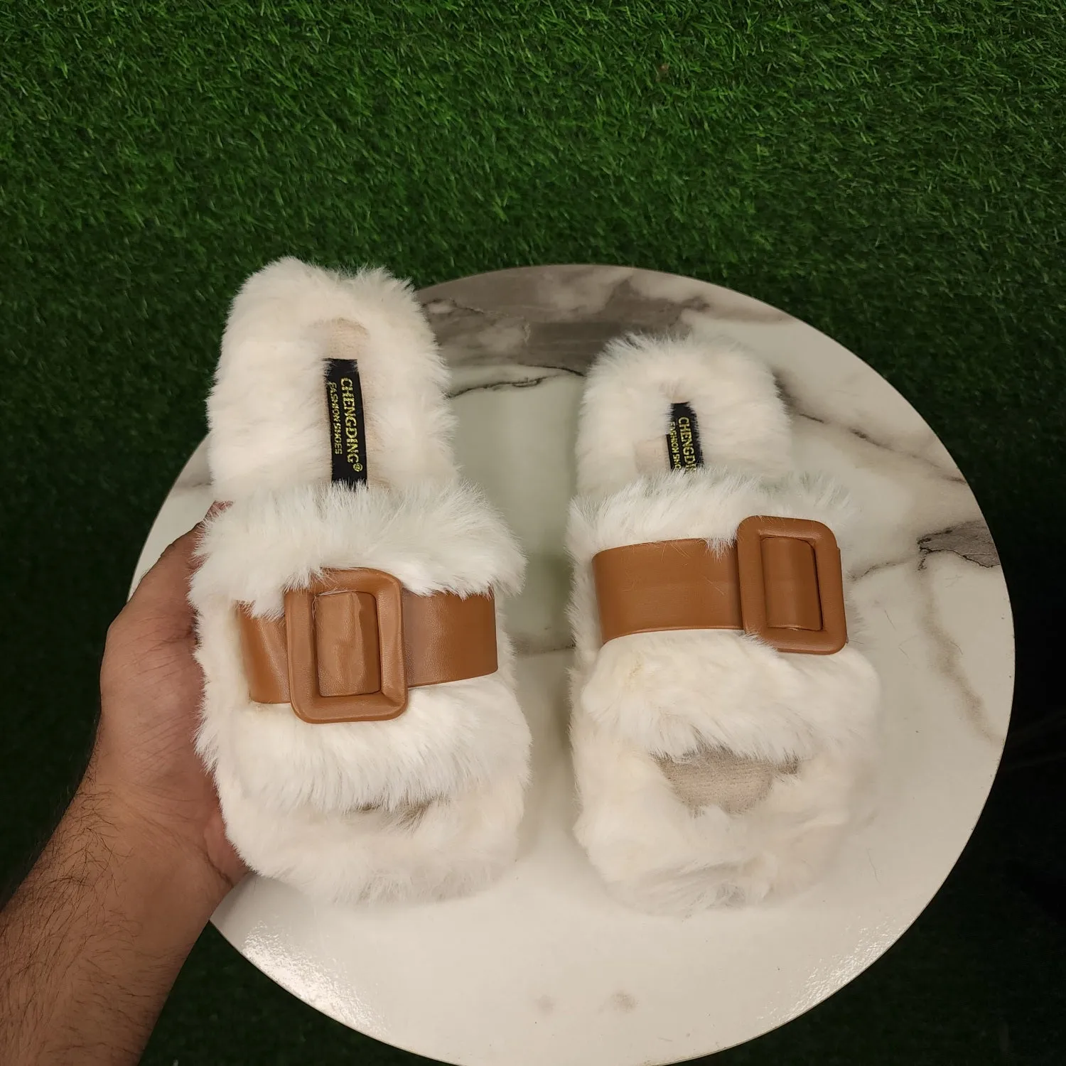 White Brown Fur Slippers