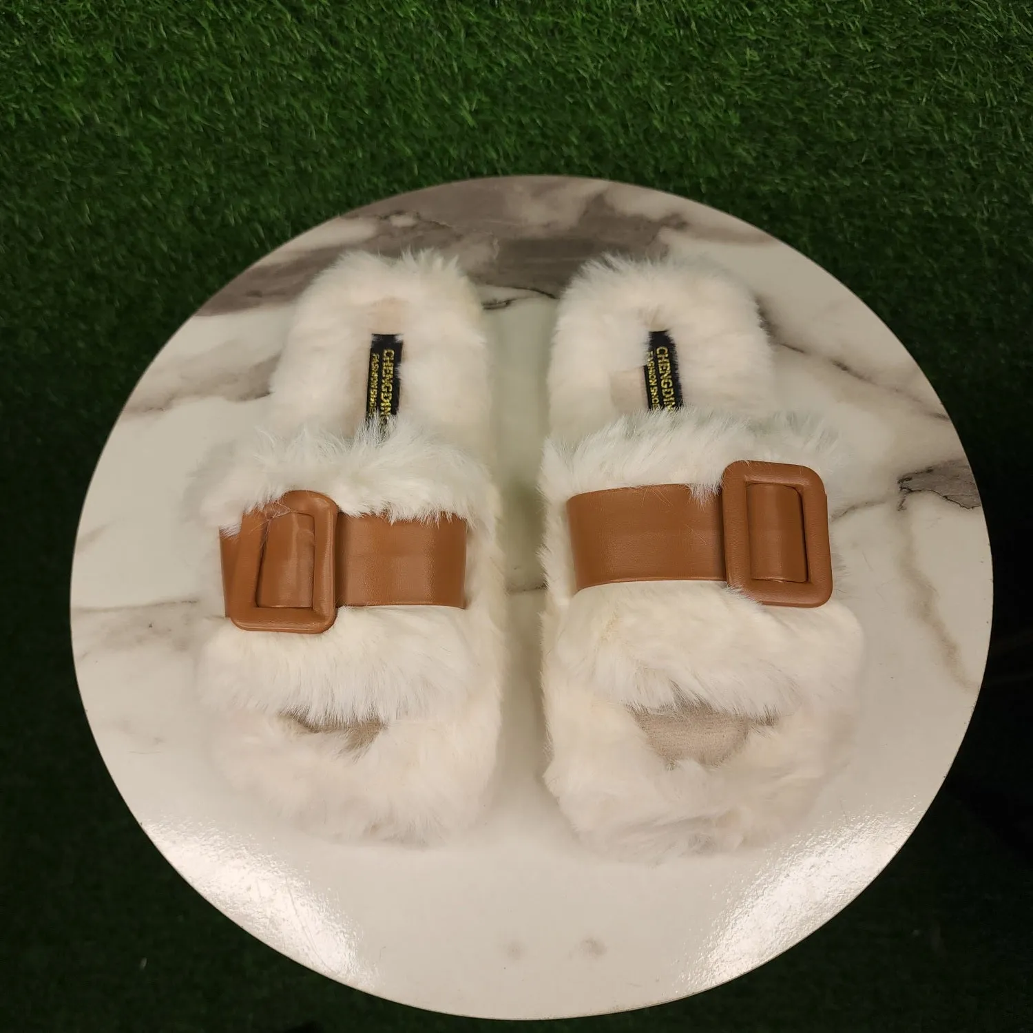 White Brown Fur Slippers